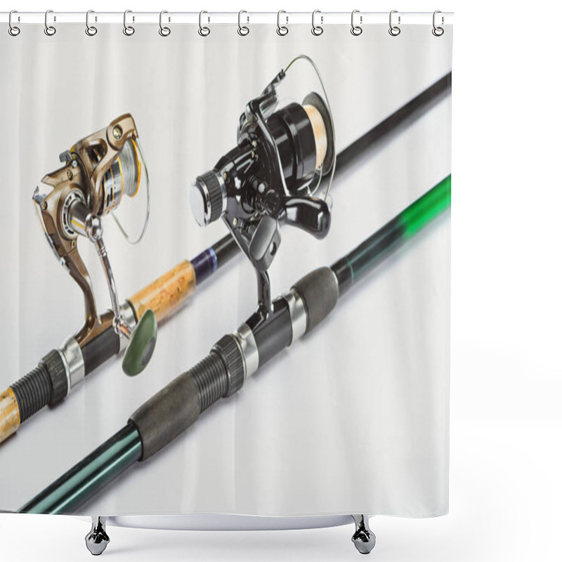 Personality  Close Up View Of Fishing Rods Isolated On White  Shower Curtains