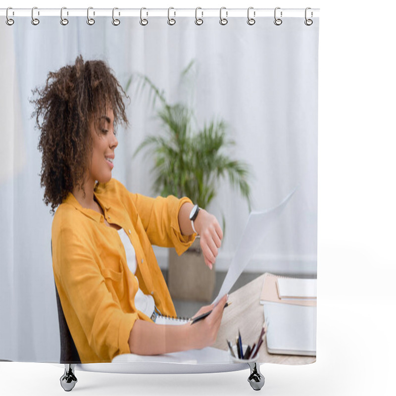 Personality  Young African American Woman At Office Looking At Watch Shower Curtains