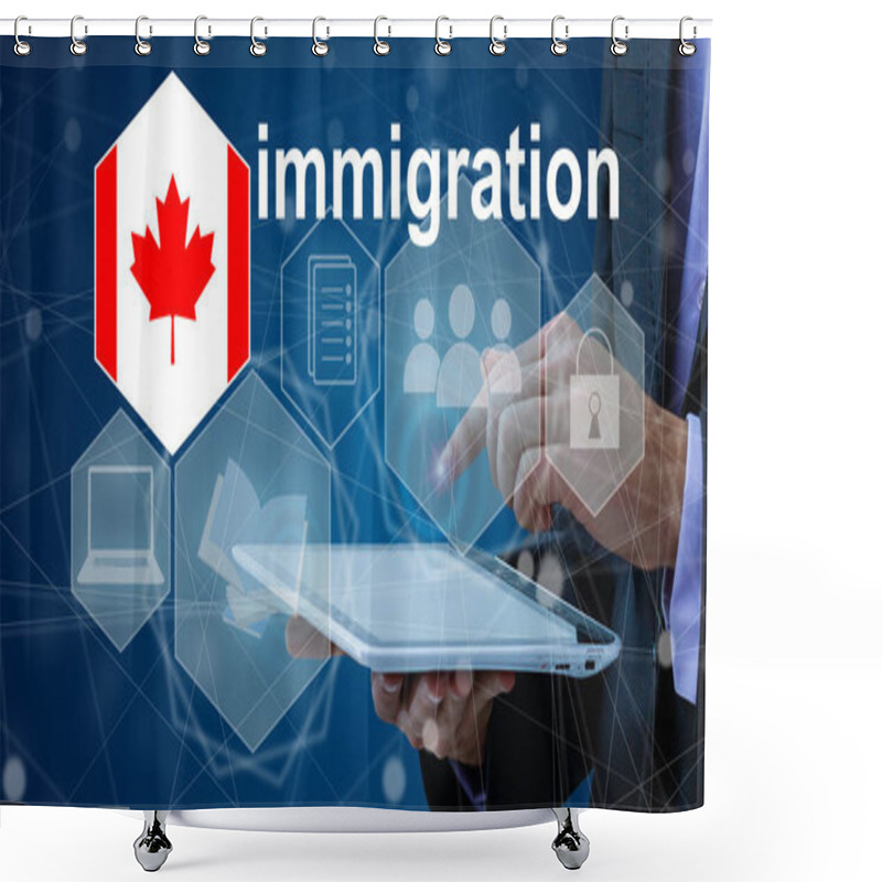 Personality  Concept Of Immigration To Canada With Virtual Button Pressing. Shower Curtains