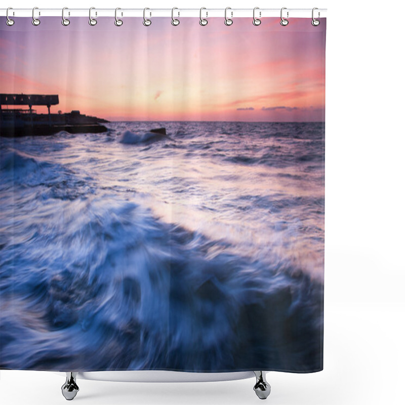 Personality  Beautiful Seascape With Big Sea Wave At The Sunset Shower Curtains