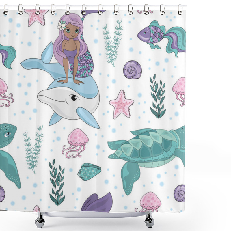 Personality  OCEAN TALE Mermaid Princess Girl Underwater Tropical Ocean Travel Cruise Seamless Pattern Vector Illustration For Print Fabric And Digital Paper Shower Curtains