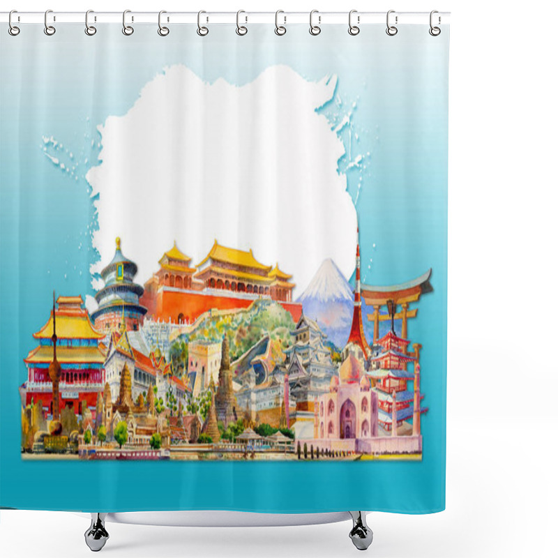 Personality  Painting Illustration, Landmark Of Asia On Blue Background Shower Curtains