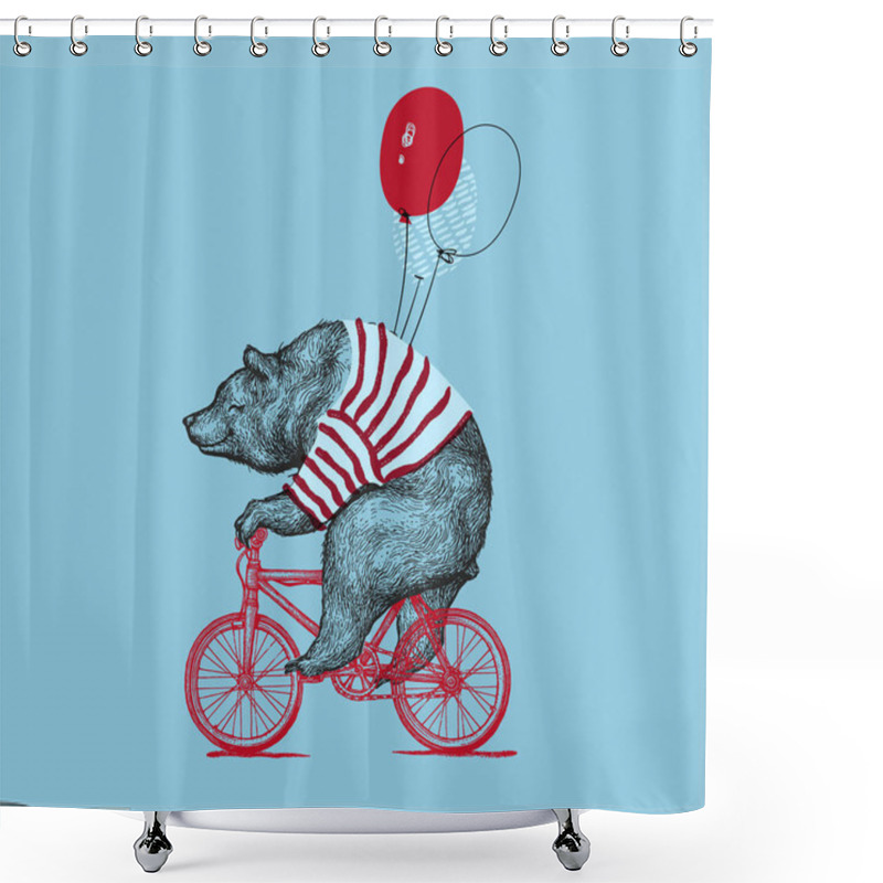 Personality  Bear Ride Bike Balloon Vector Grunge Print. Hipster Mascot Cute Wild Grizzly In Striped Vest On Bycicle Isolated. Blackwork Tattoo Animal Character Outline Sketch. Teddy Design Flat Illustration Shower Curtains