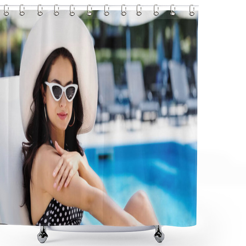 Personality  Young Woman With Straw Hat And Sunglasses Applying Sunscreen On Arm Near Swimming Pool Shower Curtains