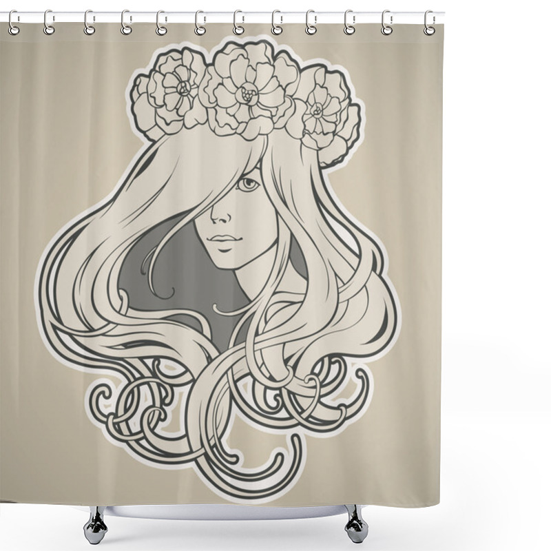 Personality  Art Nouveau Styled Girl With Long Hair In Wreath Shower Curtains