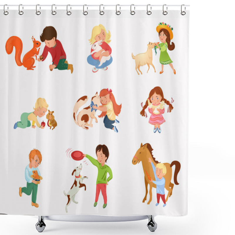 Personality  Set Of Cute Children Play With Different Home Animals Shower Curtains