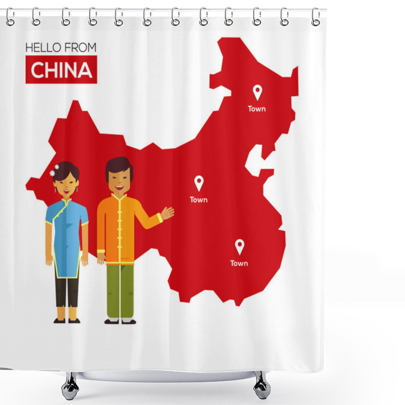 Personality  Chinese Couple In National Costumes On A Background Map Shower Curtains