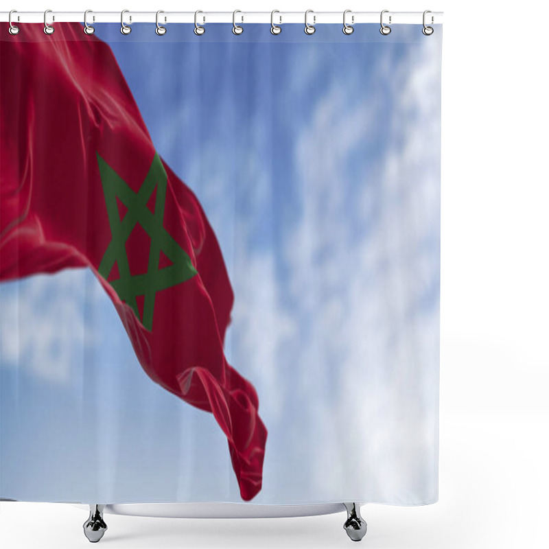 Personality  Morocco National Flag Waving In The Wind On A Clear Day. Red Flag With A Green Pentagram In The Center. 3d Illustration Render. Selective Focus. Waving Flag Shower Curtains