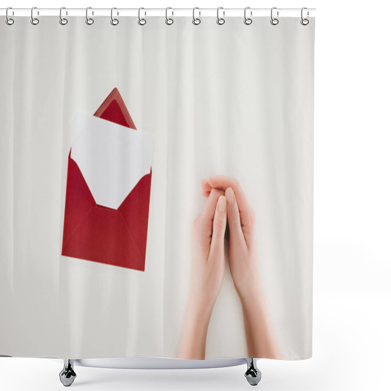 Personality  Cropped Shot Of Woman Holding Hands Near Opened Red Envelope With Blank Paper Isolated On White Shower Curtains