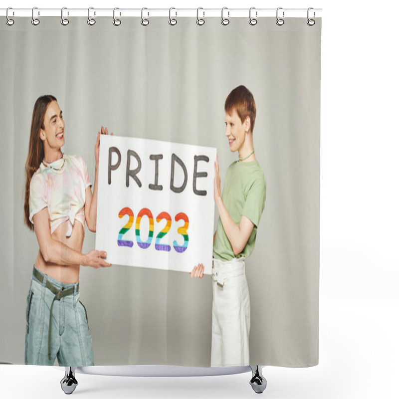 Personality  Cheerful Gay Men Holding Pride 2023 Placard While Celebrating Lgbtq Community Holiday In June And Standing Together On Grey Background In Studio  Shower Curtains