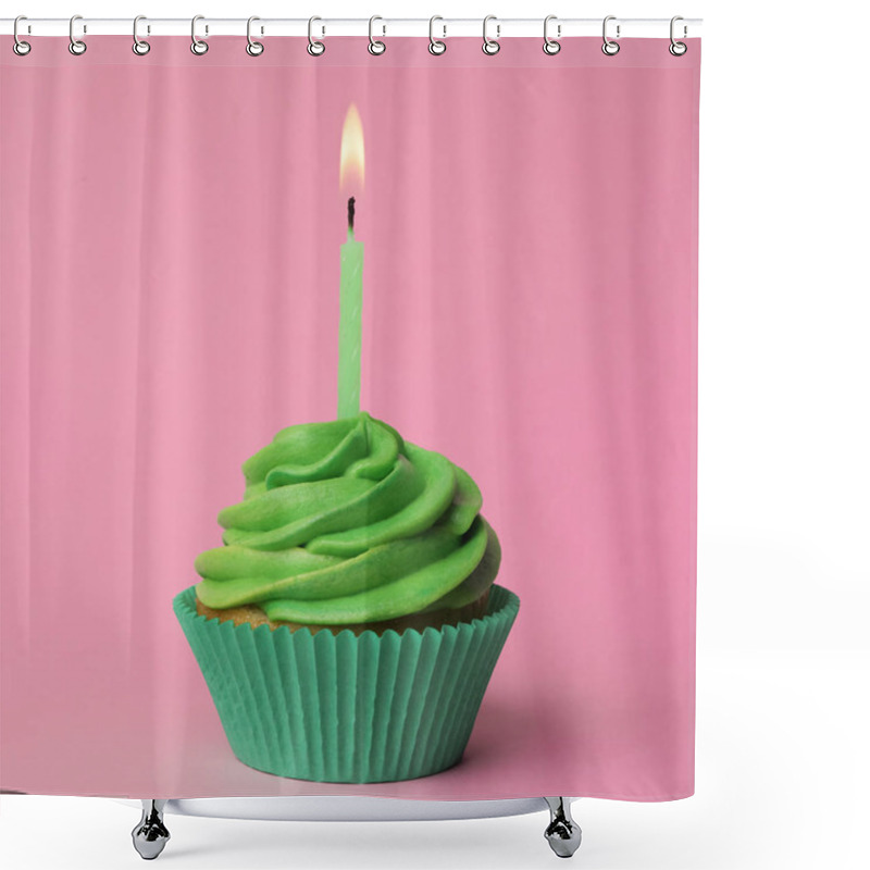 Personality  Delicious Birthday Cupcake With Green Cream And Burning Burning  Shower Curtains