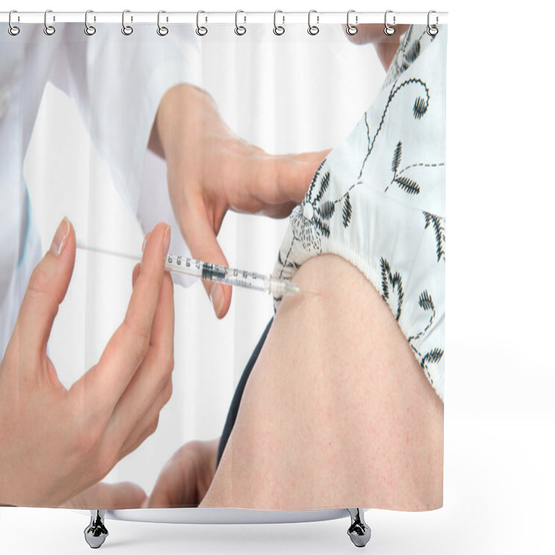 Personality  Doctor Making Senior Woman Patient An Arm Subcutaneous Insulin M Shower Curtains