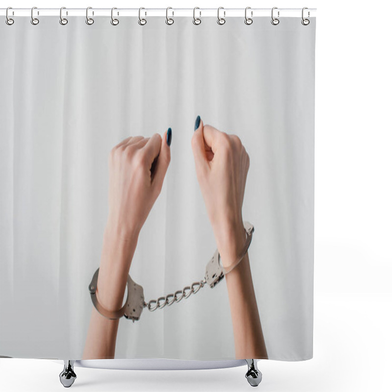 Personality  Cropped View Of Handcuffed Woman With Clenched Fists Isolated On White, Human Rights Concept  Shower Curtains