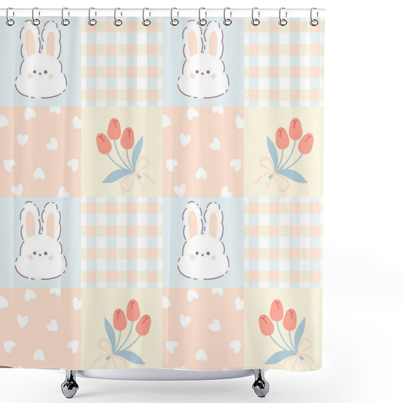 Personality  Gingham Seamless Patchwork Pattern With Kawaii Bunny Rabbit And Tulips. Tartan Check For Tablecloths, Napkins, Clothes, Packaging, For Easter Holiday. Cute Childish Vector Background, Pastel Palette Shower Curtains