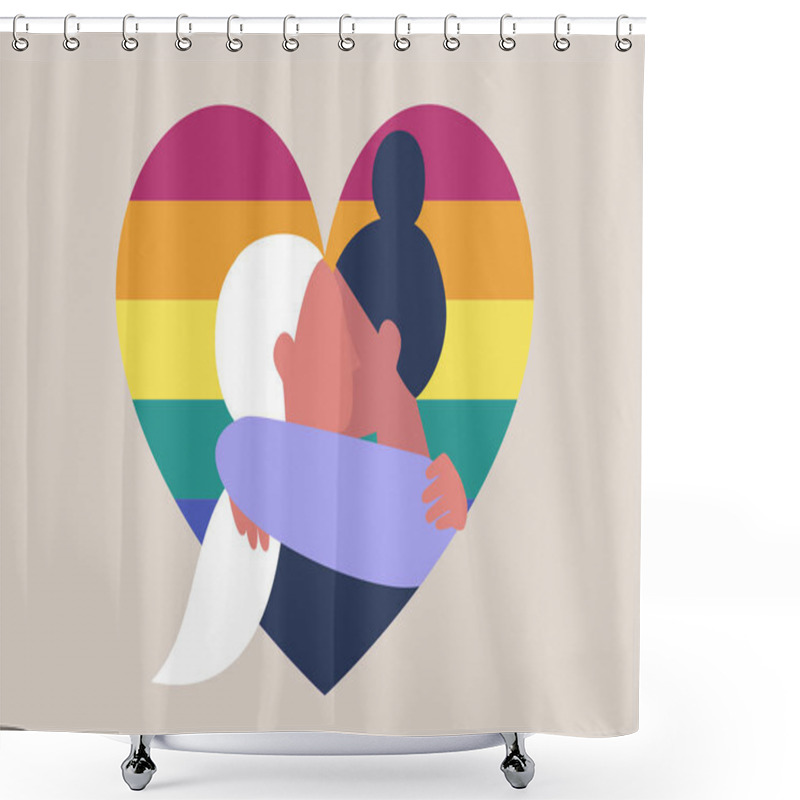 Personality  LGBT Community, Two Female Adults Hugging On A Rainbow Heart Background, Love Is Love, Human Rights Shower Curtains