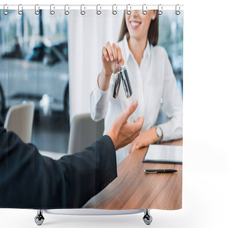 Personality  Cropped View Of Happy Car Dealer Giving Car Key To Man  Shower Curtains