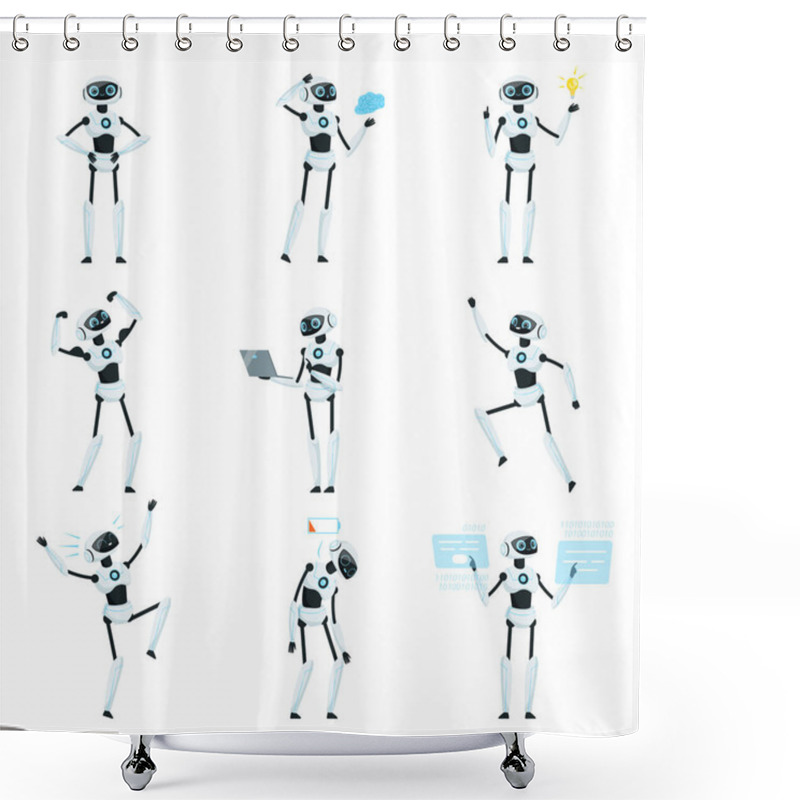 Personality  Modern Robot As Programmable Machine Carrying Out Series Of Actions Vector Set Shower Curtains