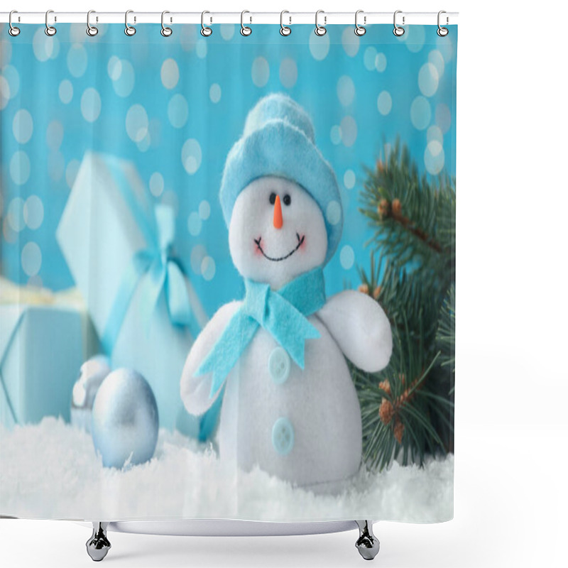 Personality  Snowman Toy, Fir Tree And Christmas Ball On Snow Against Blurred Festive Lights, Closeup Shower Curtains