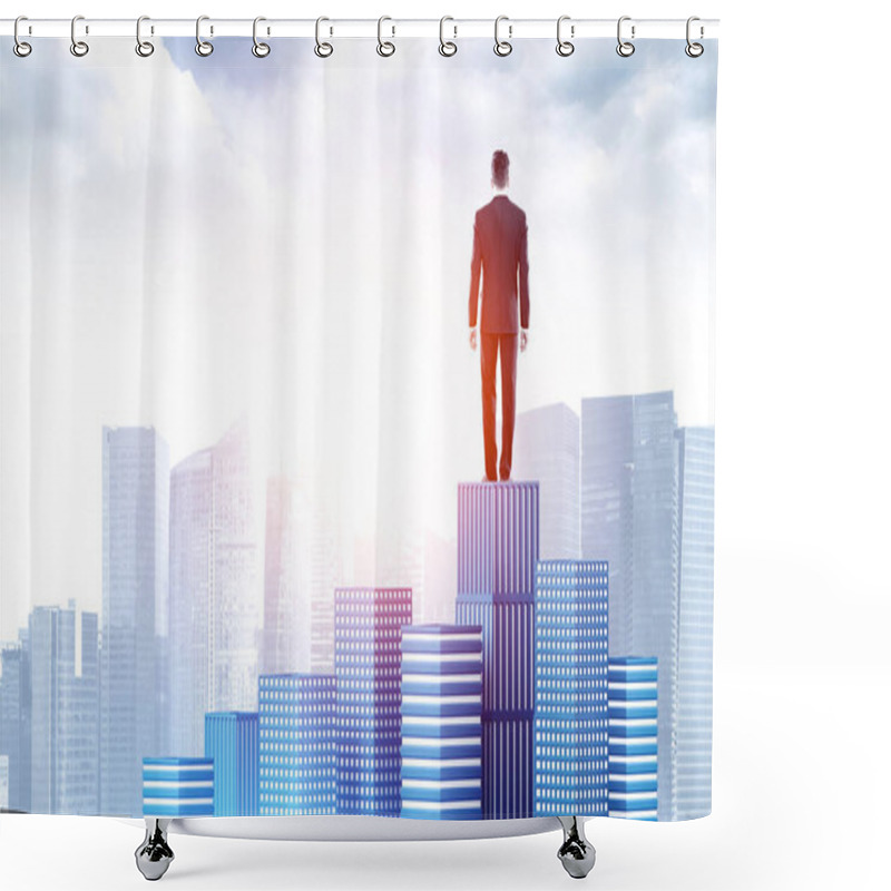 Personality  Rear View Of Young Businessman Standing On Big Bar Chart And Looking At Blurry Cityscape. Concept Of Stock Market And Investment. Toned Image Shower Curtains