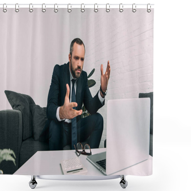 Personality  Portrait Of Stressed Businessman In Suit Looking At Laptop On Coffee Table In Office Shower Curtains