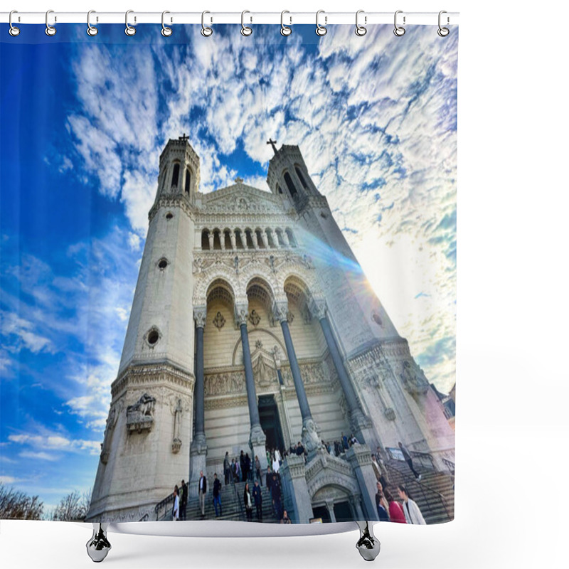 Personality  Historic Church Facade With Gothic Windows, Branches, And Cloudy Sky Shower Curtains