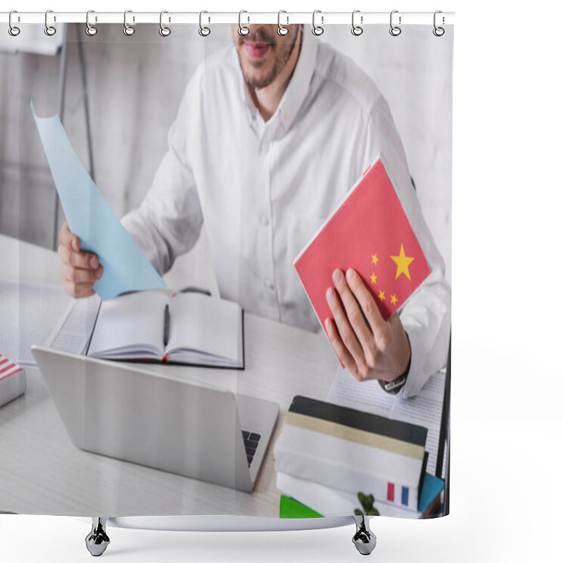 Personality  Partial View Of Translator Holding Chinese Dictionary Near Notebook And Laptop Shower Curtains