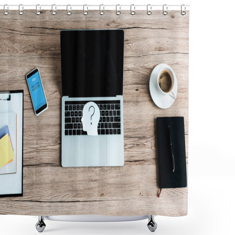 Personality  KYIV, UKRAINE - JULY 23, 2019: Top View Of Smartphone With Skype App Near Laptop With Blank Screen And Paper Human Head With Question Mark  Shower Curtains