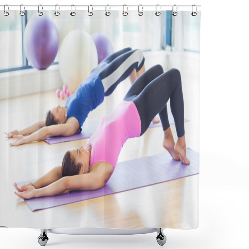 Personality  Two Sporty Women Stretching Body At Yoga Class Shower Curtains