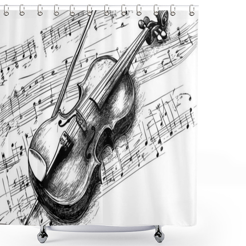 Personality  Violin With Notes Close Up Isolated On Background. Vector Illustration Shower Curtains