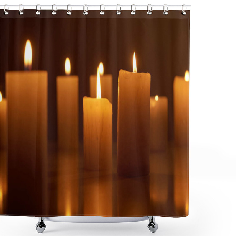 Personality  Selective Focus Of Burning Candles Glowing In Dark Shower Curtains