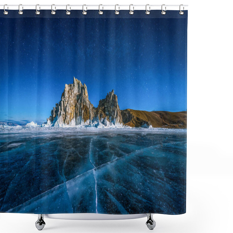 Personality  Landscape Of Shamanka Rock And Star On Sky With Natural Breaking Ice In Frozen Water On Lake Baikal, Siberia, Russia. Shower Curtains