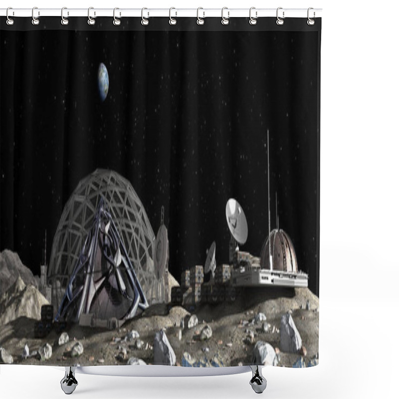 Personality  3D Illustration Of A Lunar Base With A Dome Structure, Research Modules, Observation Pods And Communication Satellite Dishes For Space Exploration And Science Fiction Backgrounds. Shower Curtains