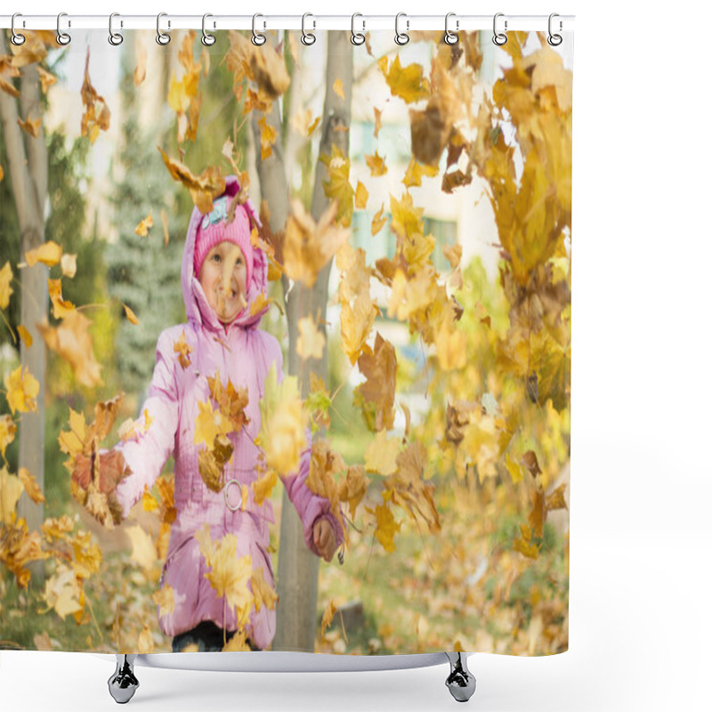 Personality  Autumn Fun - Lovely Girl Has A Fun In Autumn Leaves,  Happy Child Shower Curtains