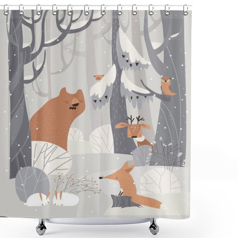 Personality  Cartoon Cute Animals Meeting Winter In Forest Shower Curtains