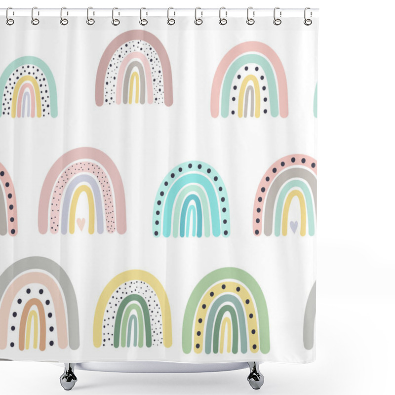 Personality   Seamless Vector Pattern With Drawn Rainbows. Scandinavian Children's Texture For Fabric, Wraps, Textiles, Wallpaper, Clothing. Illustration On A White Background. Shower Curtains