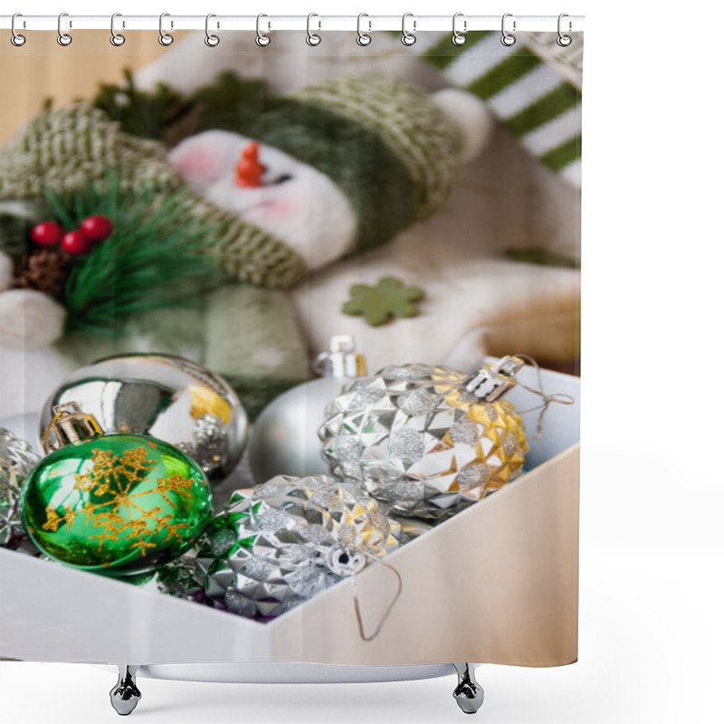 Personality  Christmas Balls In A Box And A Toy Snowman Shower Curtains