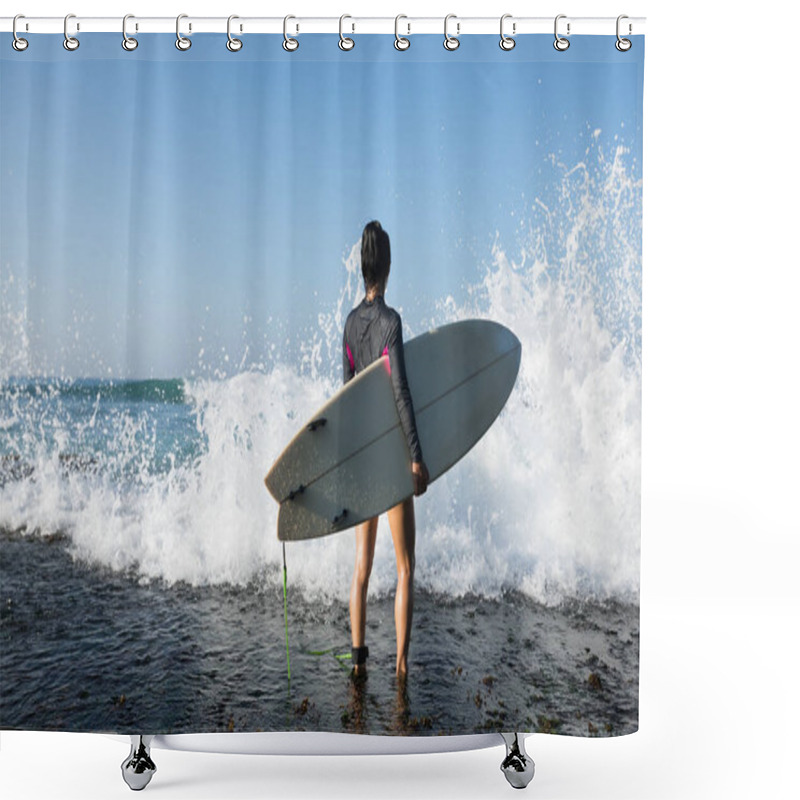 Personality  Woman Surfer With Surfboard Going To Surf On Seaside Shower Curtains