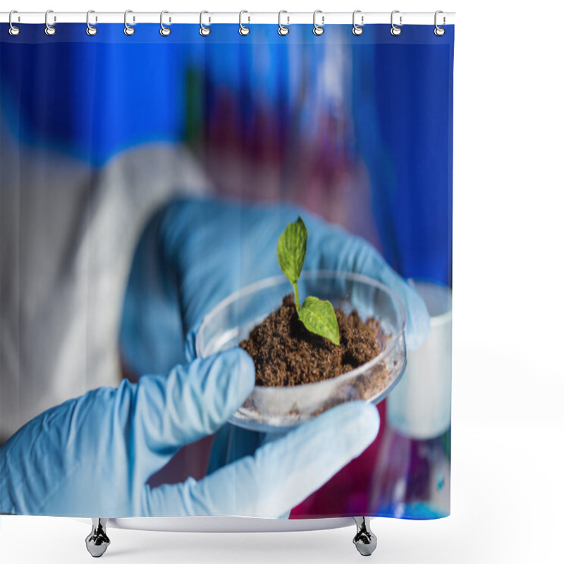 Personality  Close Up Of Scientist Hands With Plant And Soil Shower Curtains