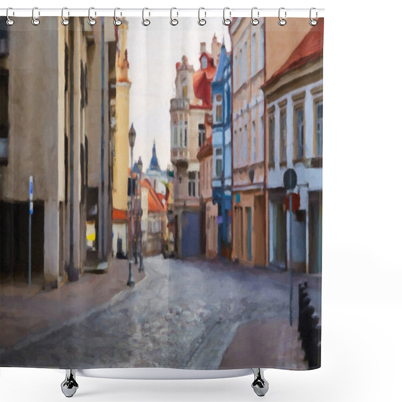 Personality  Painting On Canvas Of Empty Main Tourist Street In Capital Of Lithuania - Vilnius Shower Curtains