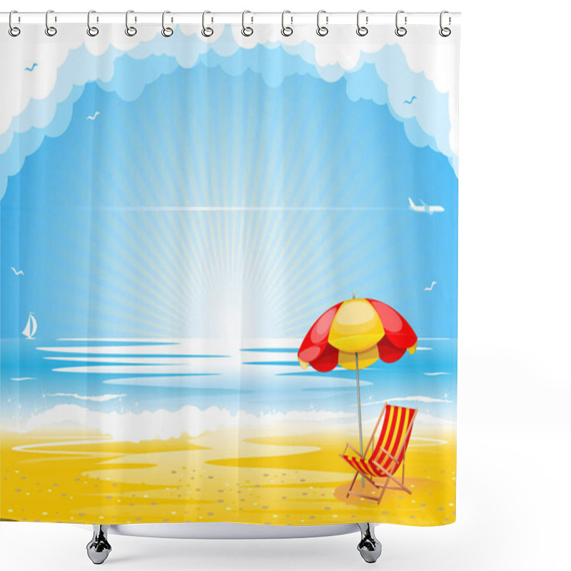 Personality  Beautiful Sandy Beach With A Deck Chair And An Umbrella Awaits Tourist. Blue Calm Sea And Sky With Airplane Flying In The Clouds. Summer Holiday Background, Illustration, Vector Shower Curtains