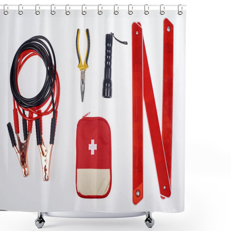 Personality  Flat Lay With First Aid Kit And Automotive Accessories Isolated On White Shower Curtains