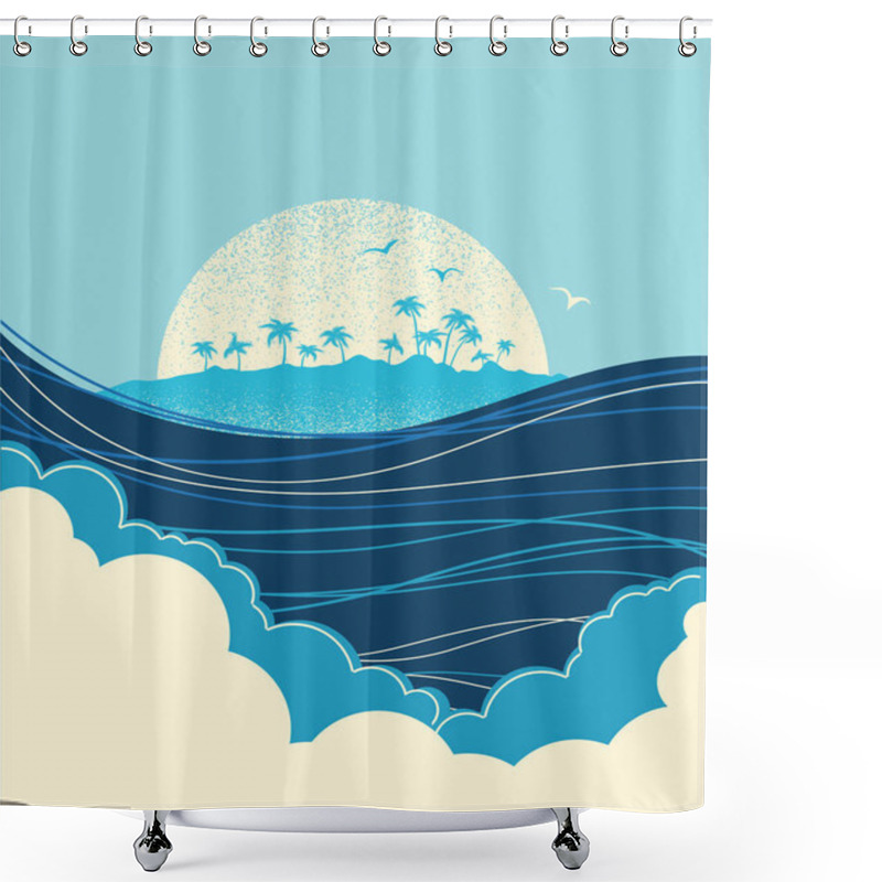 Personality  Big Ocean Waves And Tropical Island.Vector Blue Illustration Shower Curtains