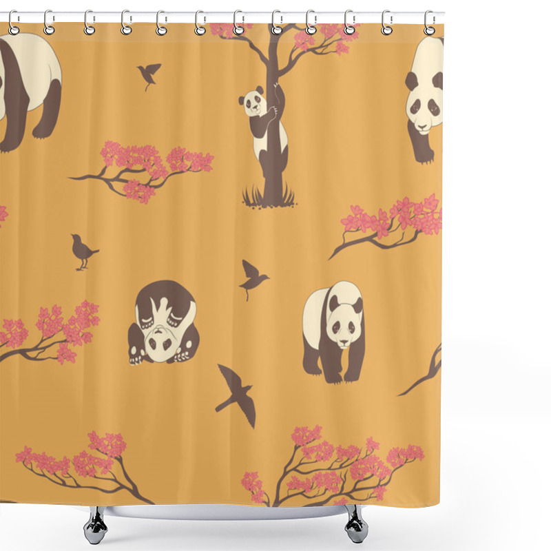 Personality  Seamless Pattern Of Sakura Tree And Panda. Shower Curtains