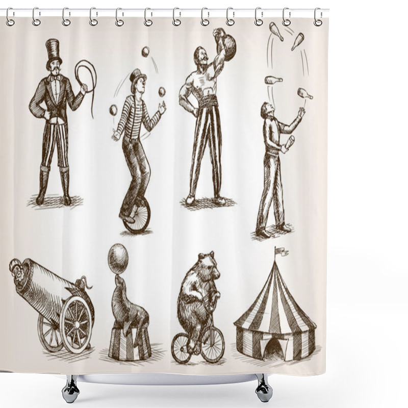 Personality  Retro Circus Performance Set Sketch Vector Shower Curtains