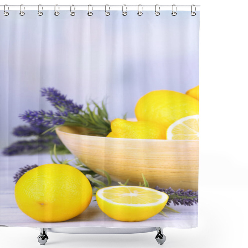 Personality  Still Life With Fresh Lemons And Lavender On Light Background Shower Curtains