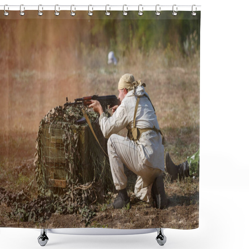 Personality  SAMBEK, ROSTOV REGION, RUSSIA, AUGUST 19, 2018: Reconstruction Of Afghan War. Soviet Soldier Shoots From A Kalashnikov Gun Shower Curtains