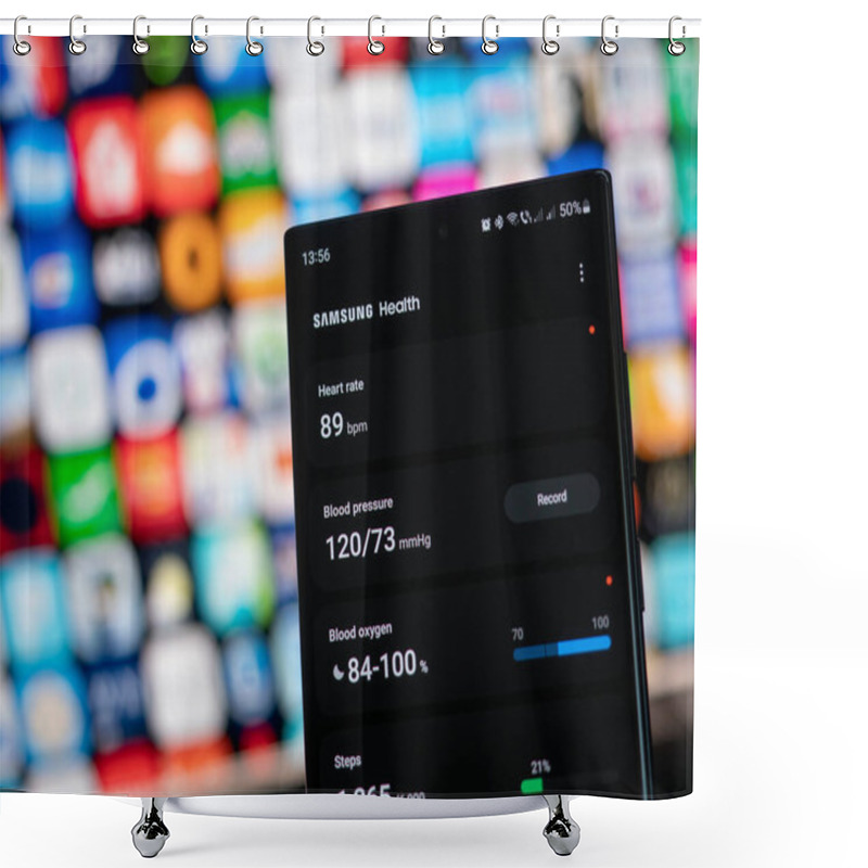 Personality  Galati, Romania - October 31, 2022: Samsung Health Application Available On Google Play Store For Android Smartphones Shower Curtains