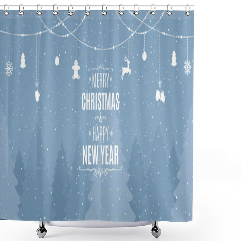 Personality  Landscape With Snowy  Pines, Firs, Coniferous Forest, Falling Snow And Hanging Christmas Decorations. Festive Winter Forest Merry Christmas And Happy New Year. Shower Curtains