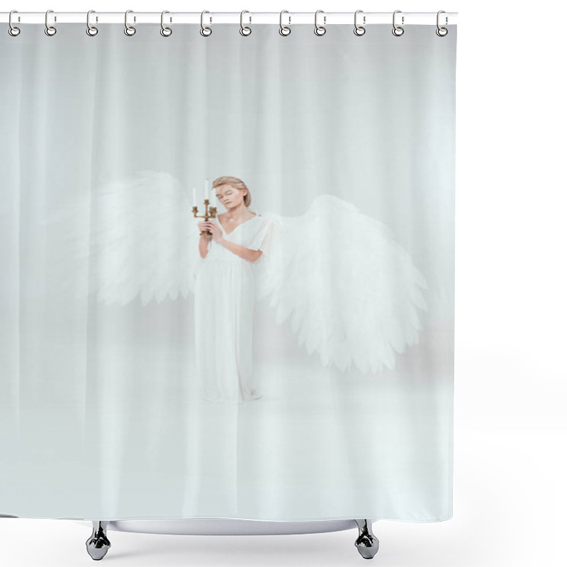 Personality  Beautiful Tender Woman In Angel Costume With Wings Holding Candelabrum With Candles Isolated On White Shower Curtains