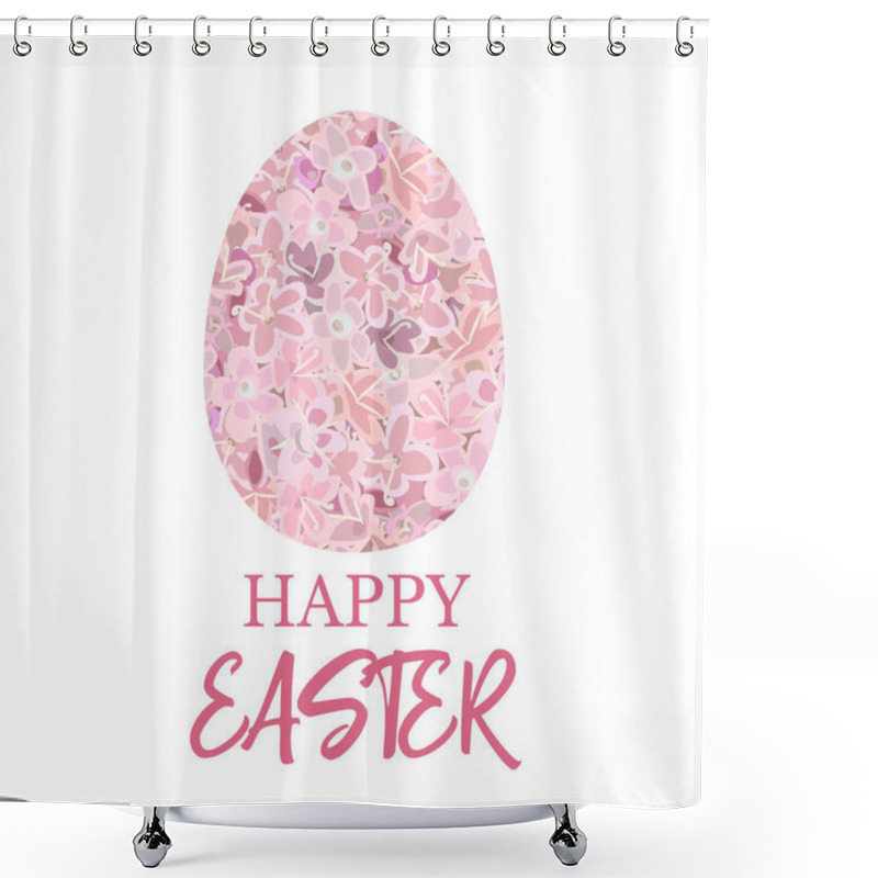 Personality  Happy Easter. Decorated Pink Flat Egg Decorated Pink Flowers Carnation, Crane's-bill Or Meadow Geranium Wildflower, Shower Curtains